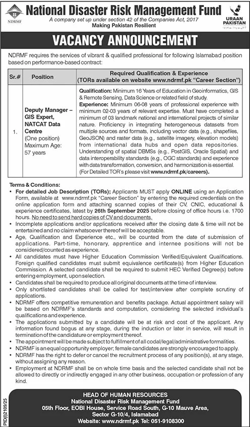 Jobs in National Disaster Risk Management Fund Islamabad